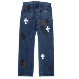 Chrome-Hearts-Fleur-Knee-Cross-Patch-Jeans-Blue