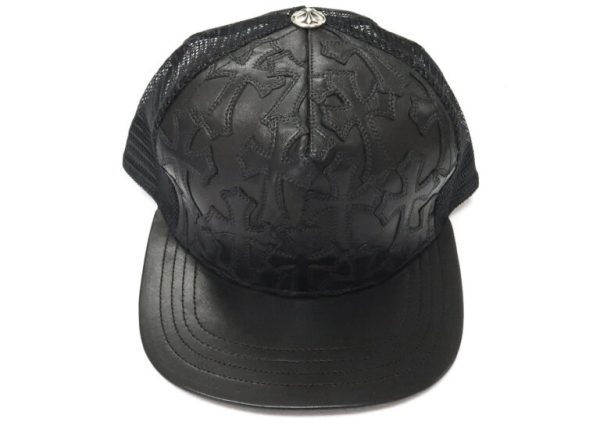 Chrome Hearts Cemetary Cross Leather Stitched Trucker Hat – Black