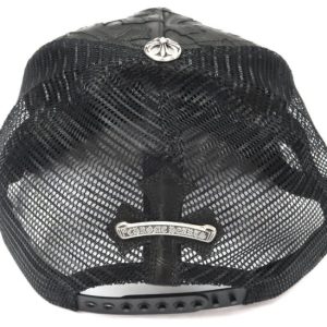 Chrome Hearts Cemetary Cross Leather Stitched Trucker Hat – Black